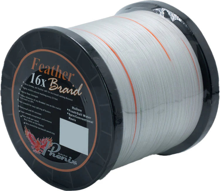 Phenix Feather 16X Hollow Braid Bulk Spools - White w/Orange & Green Markings